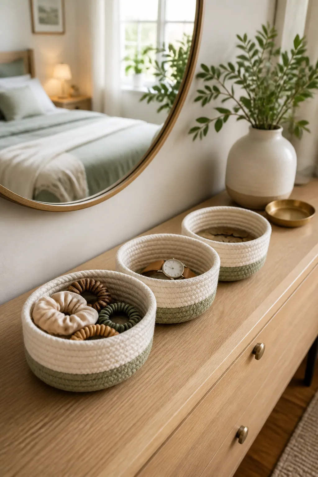Small storage baskets lined up on a dresser top holding hair ties, a watch, and loose change