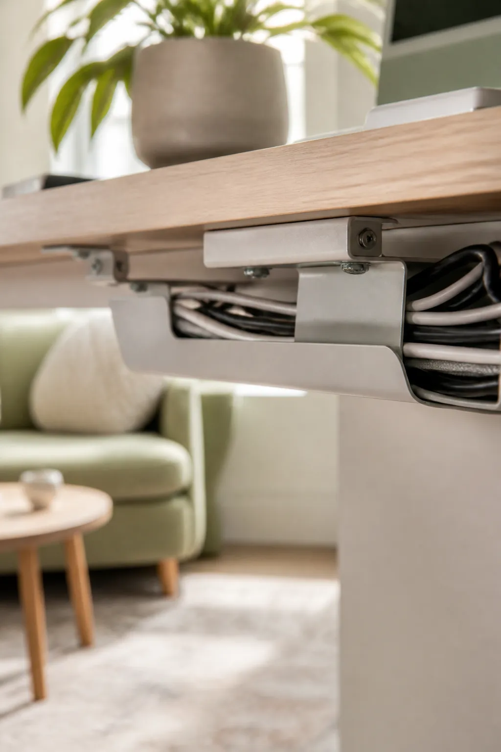 An under-desk cable tray mounted beneath a desktop, cords running through it above the open kneehole.