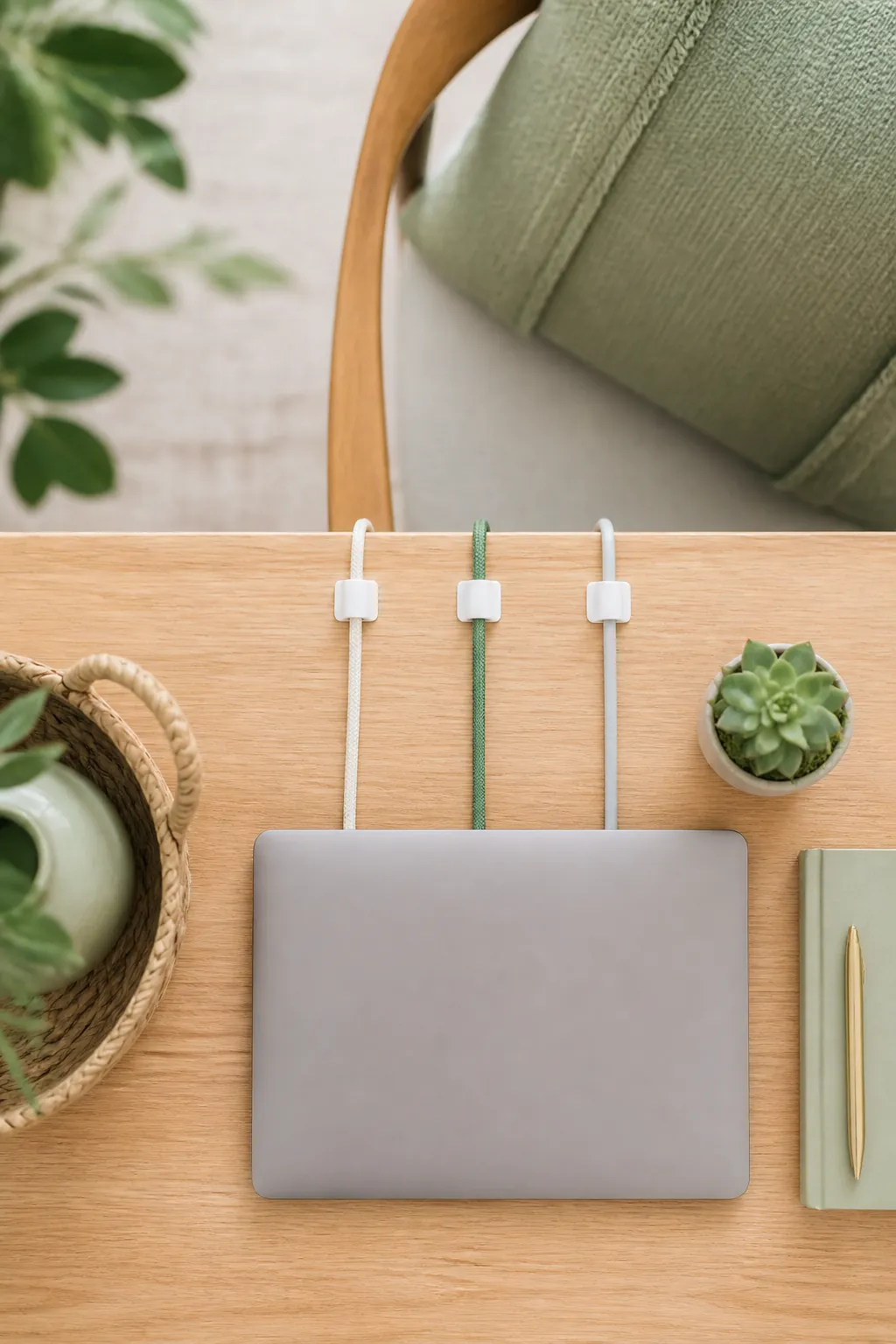Adhesive cable clips lined along a desk's back edge, each clip holding one cord off the surface.