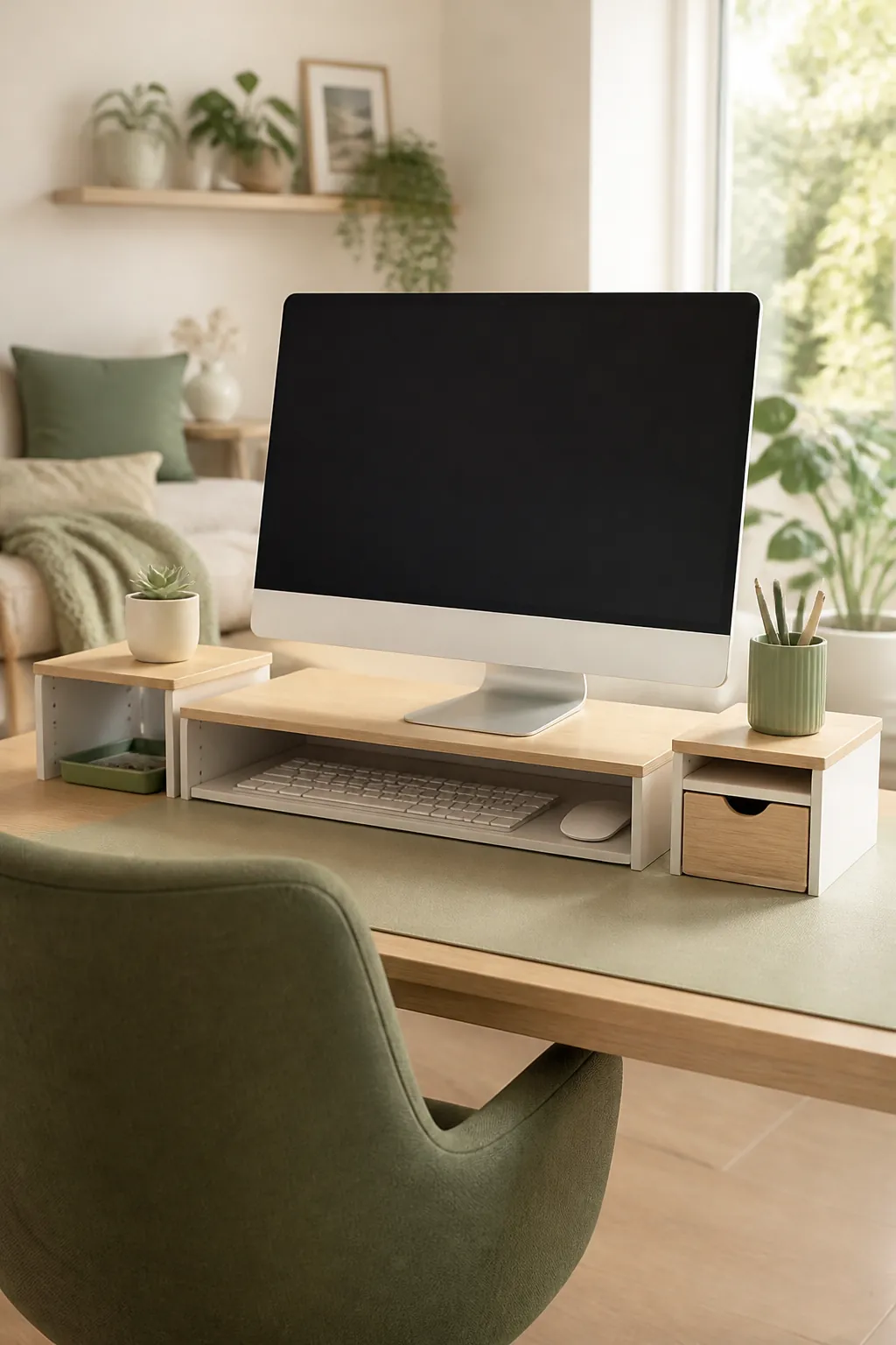 A monitor raised on a desktop organizer shelf, a keyboard slid into the storage slot underneath it.