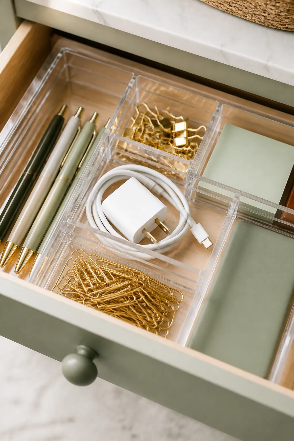 A clear drawer organizer tray inside an open desk drawer, pens and a charger sorted into separate sections.