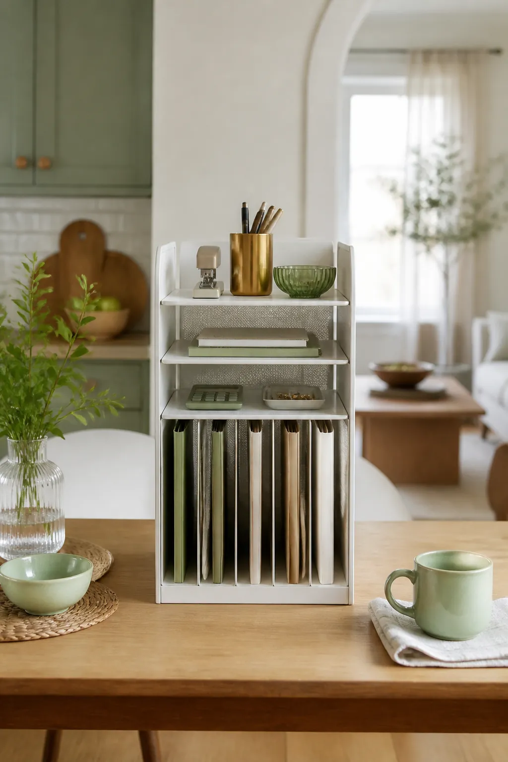 A tiered desk organizer on a kitchen table, folders standing upright below trays holding pens and supplies.