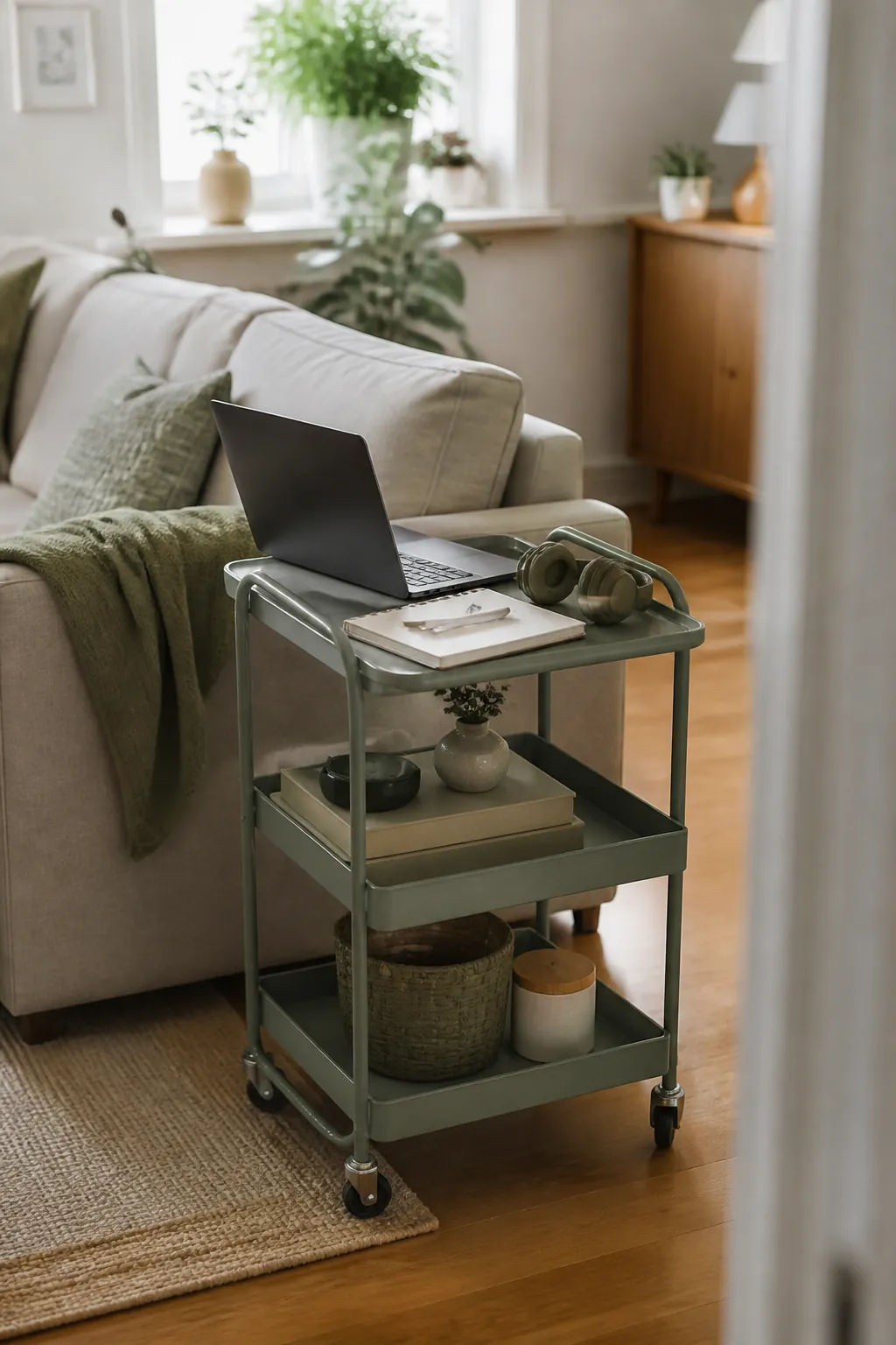 A 3-tier rolling cart holding a laptop, notebook and headset, parked beside a sofa in a living room.