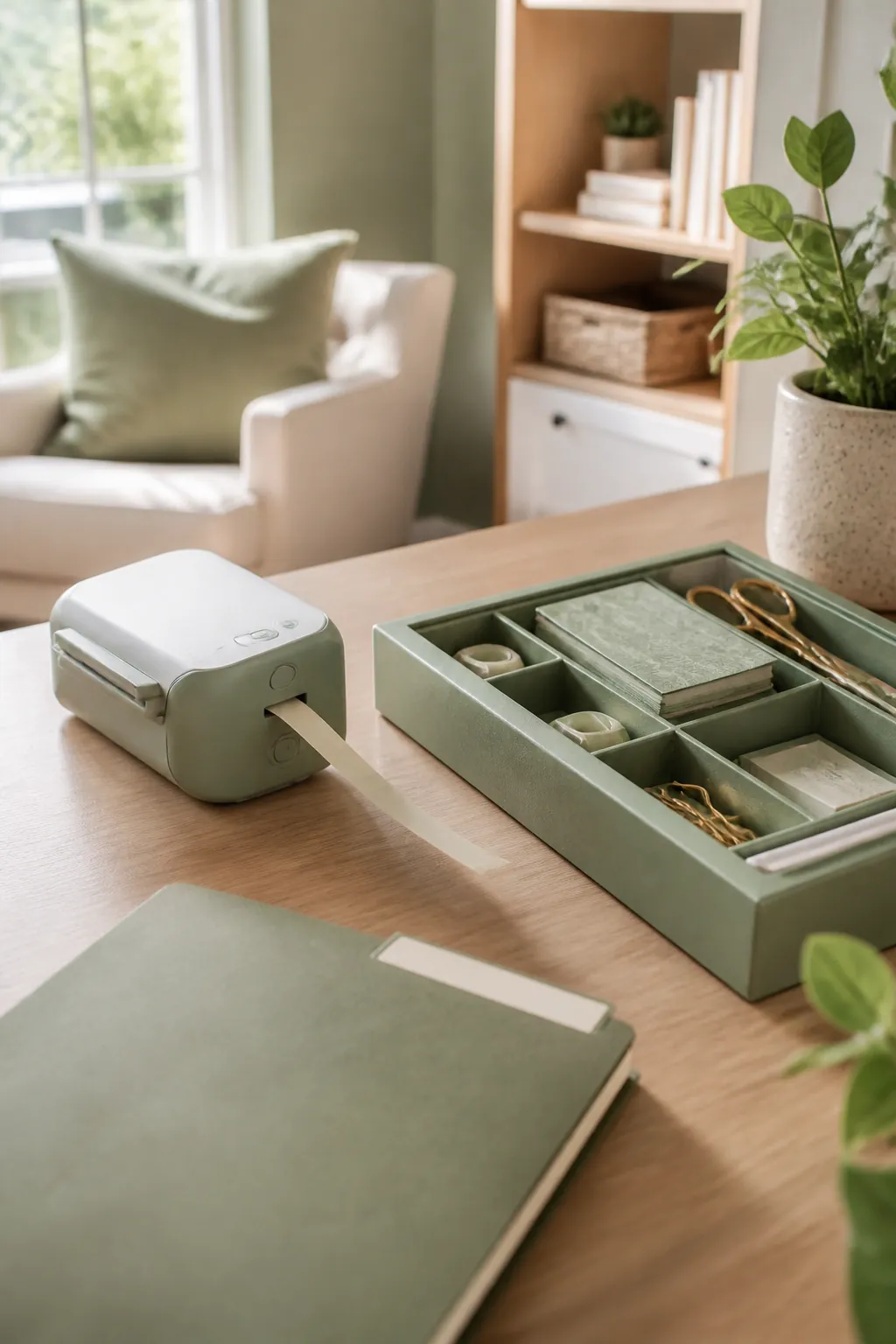 A label maker on a desk next to a drawer organizer tray and file folder with printed labels.