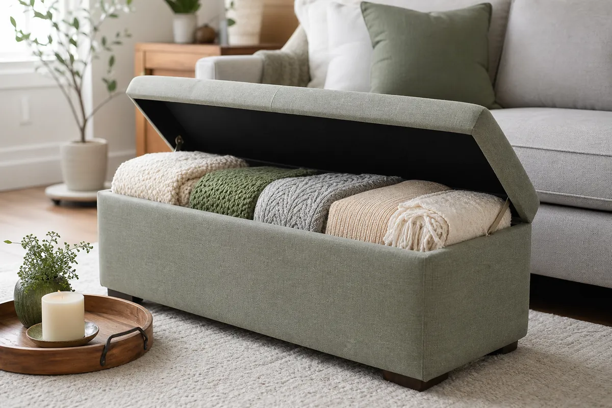 Open storage ottoman in a small living room showing folded blankets stacked upright inside beside a pale gray sofa