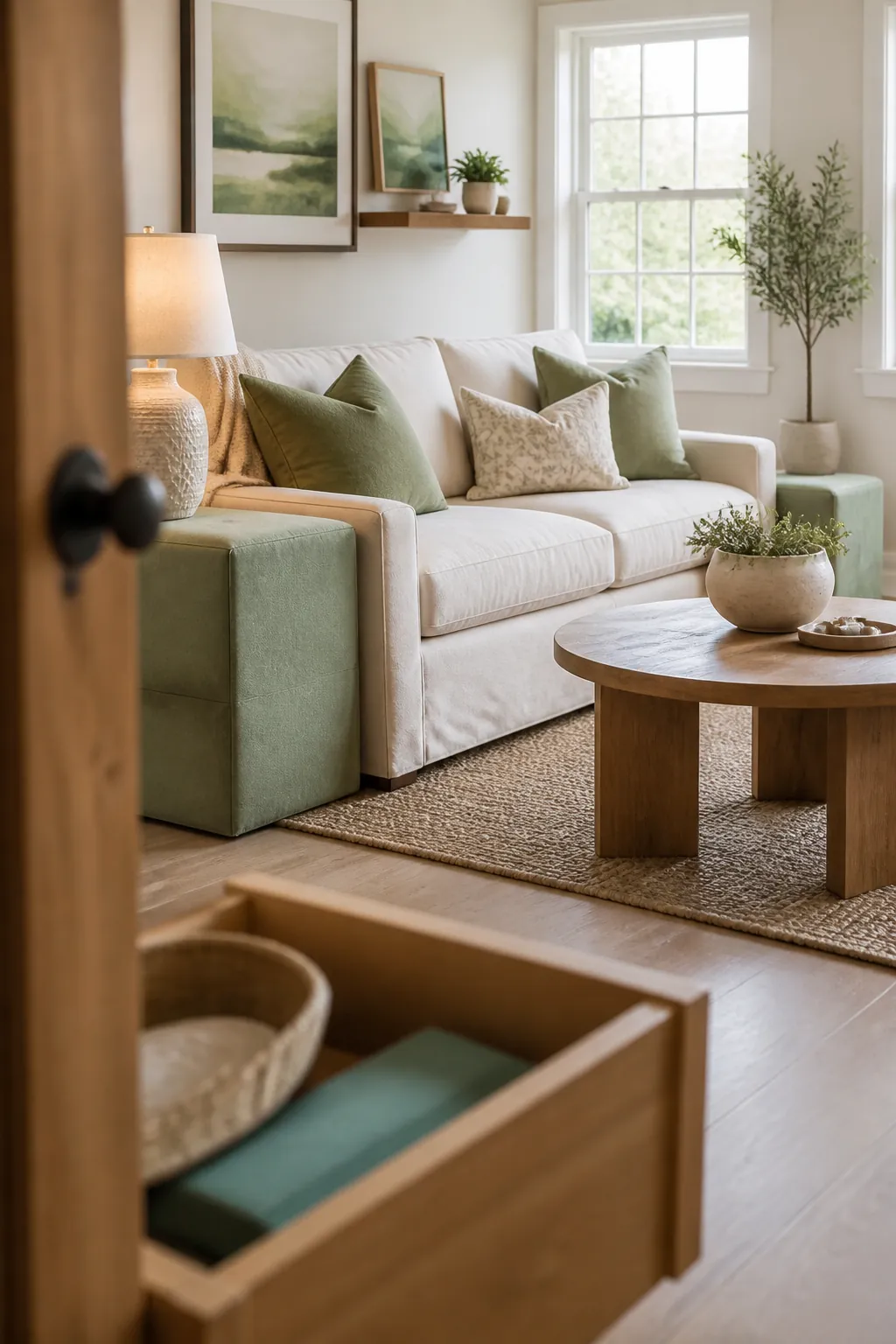 Two matching cube ottomans at either end of a sofa, a lamp standing on one of them