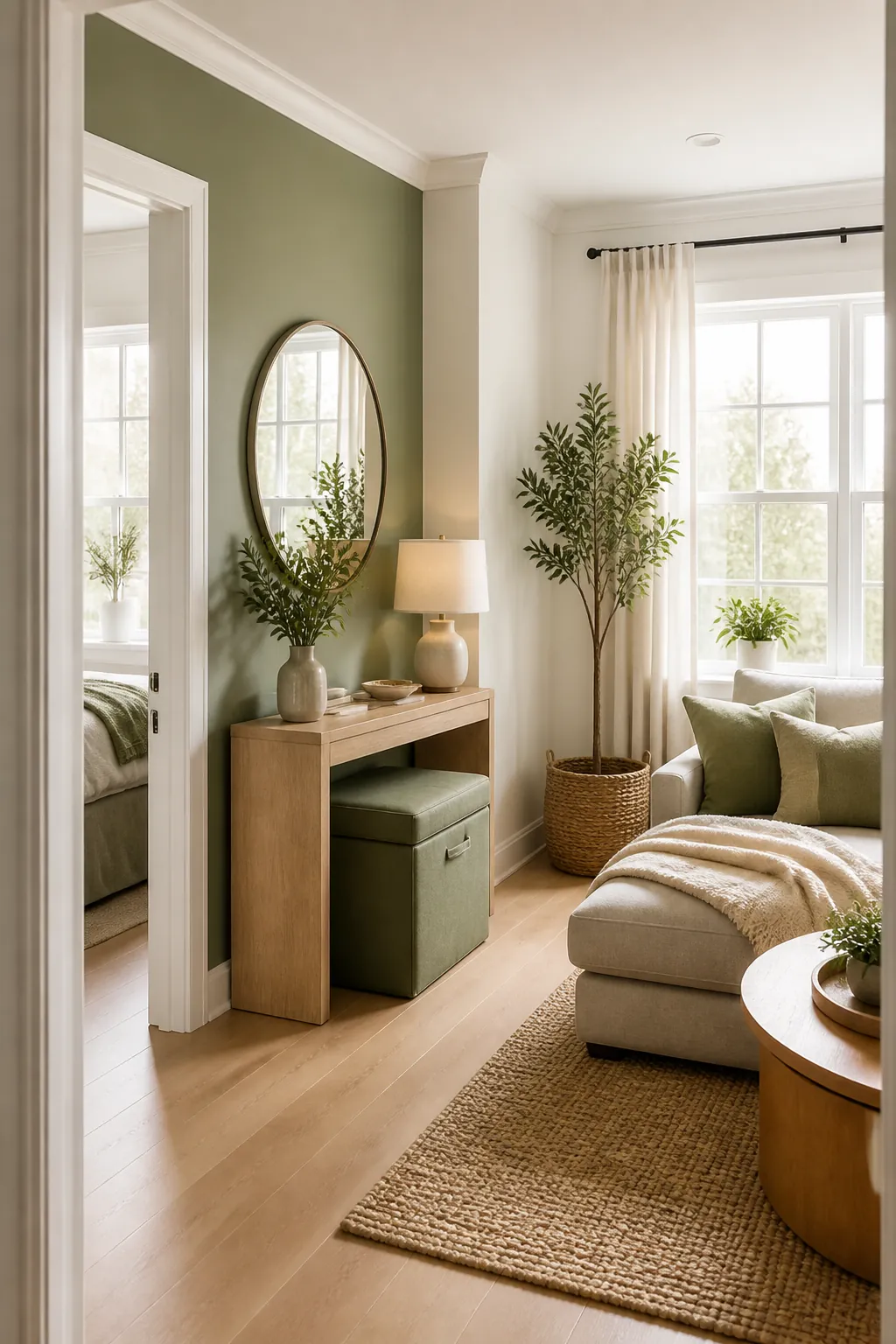 A low collapsible cube ottoman tucked into the dead space beneath a console table