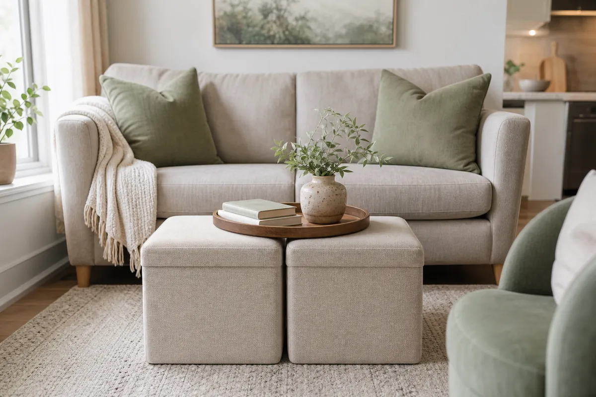 Two collapsible storage ottoman cubes pushed together as a coffee table with a wooden tray in a small living room