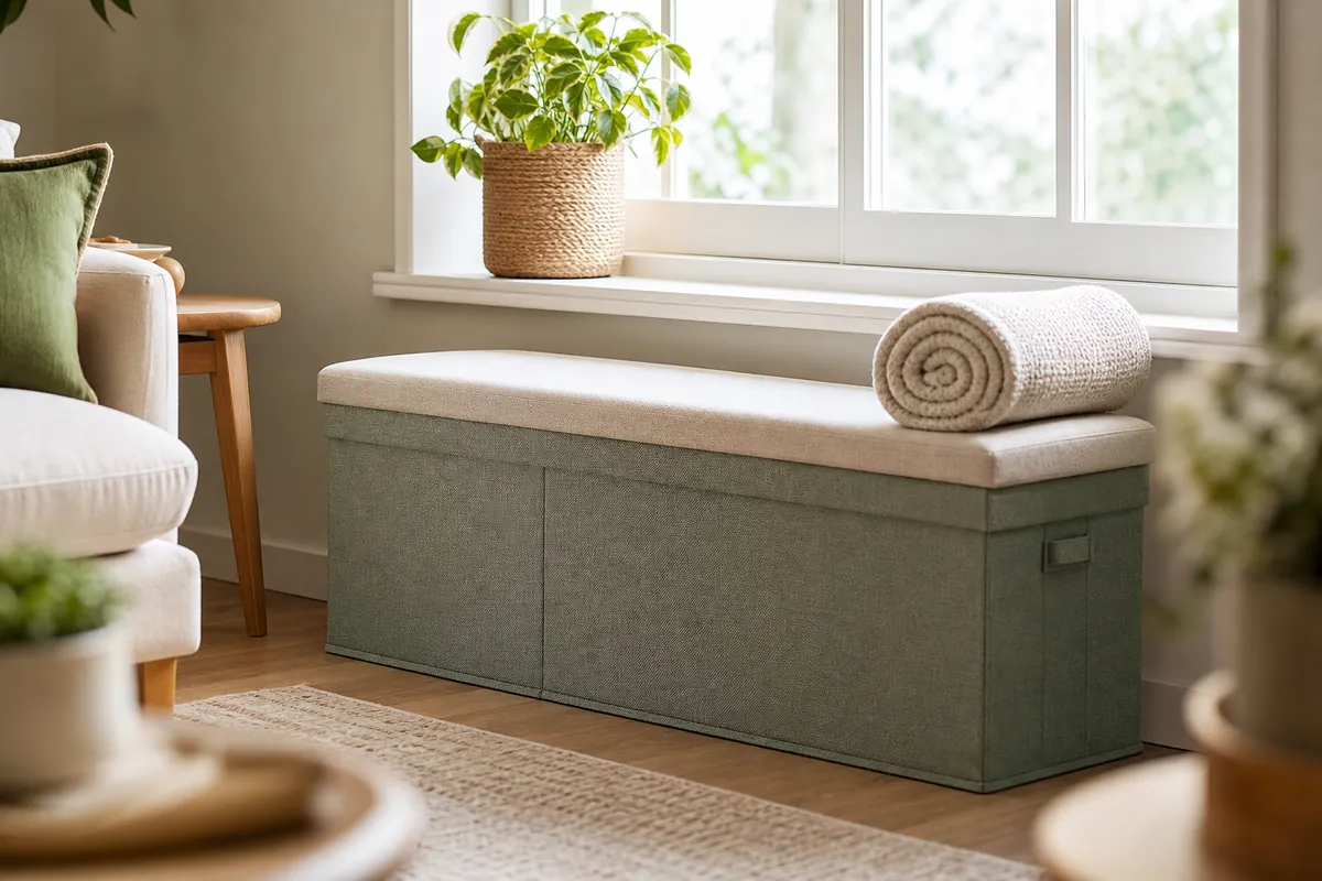 Folding fabric storage bench under a window in a small living room with a rolled blanket and a plant on the sill