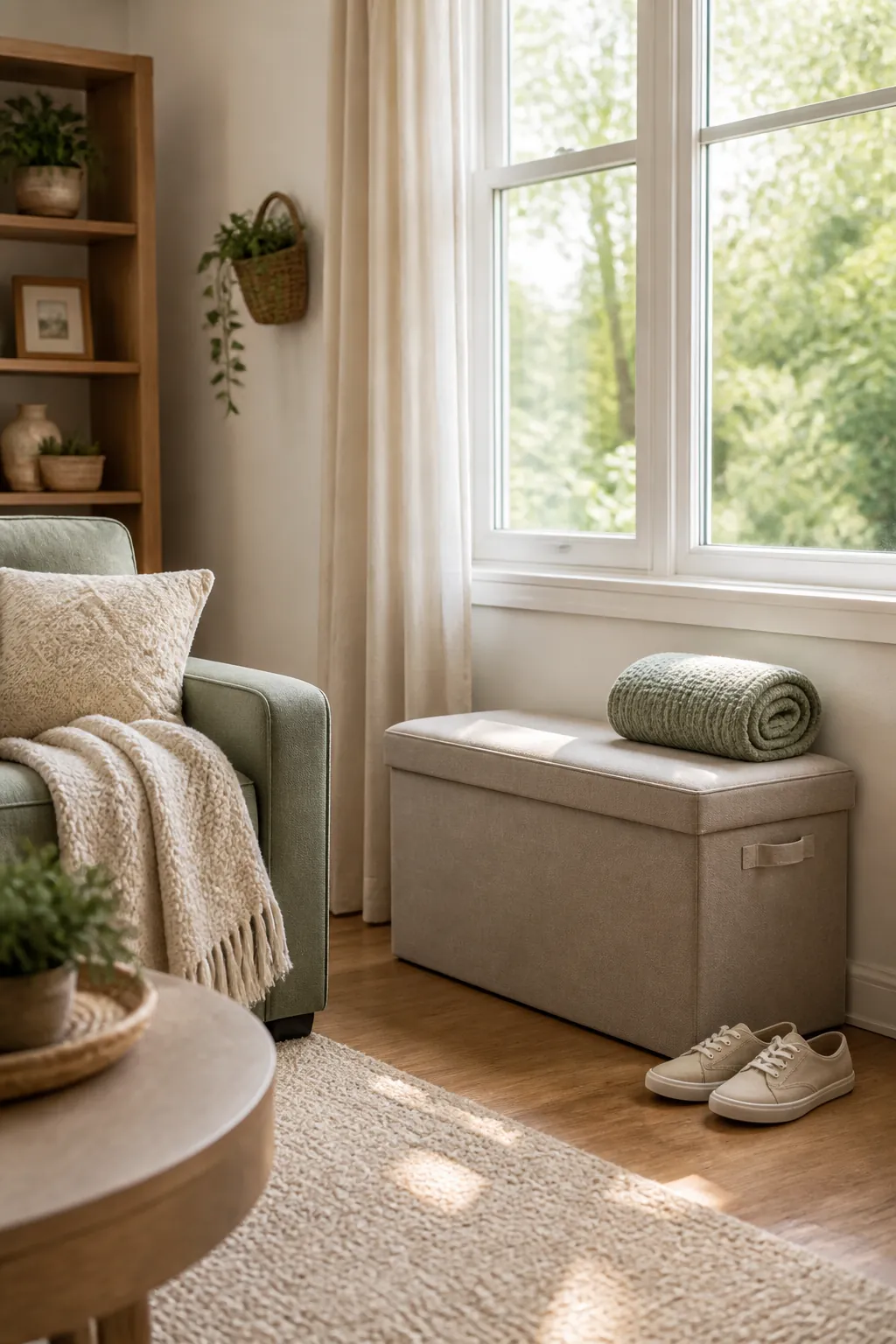 A folding fabric storage bench under a window with a rolled blanket resting on its lid