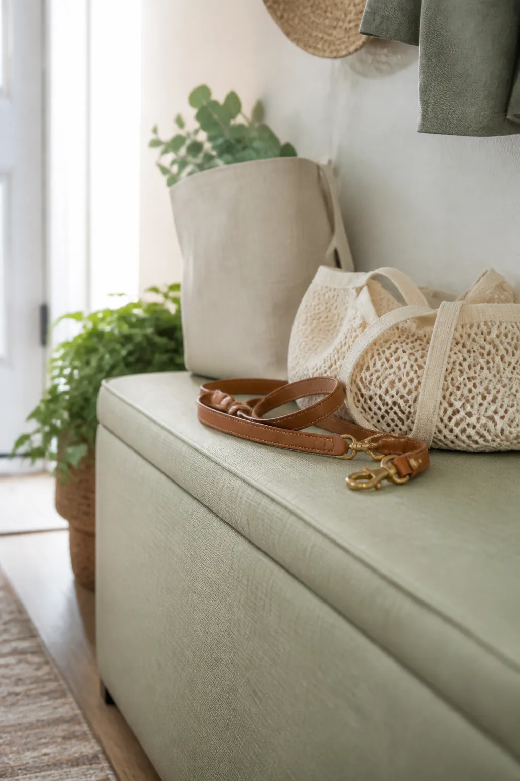 A narrow lidded ottoman beside a front door holding a dog leash and reusable bags on top