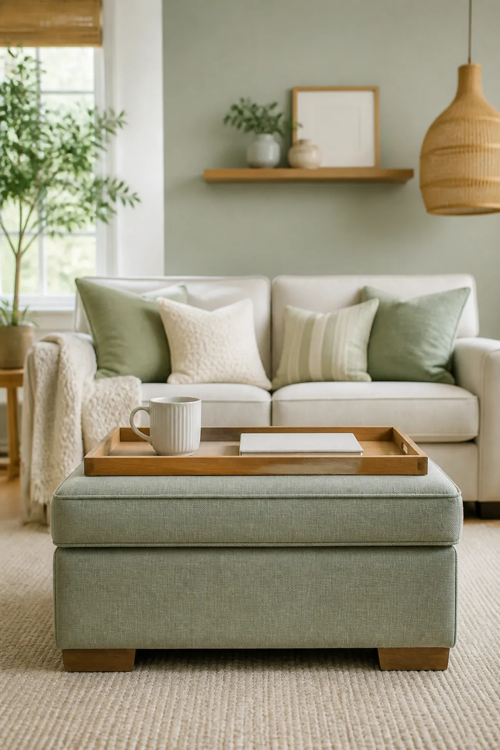 A stiff wooden tray spanning an upholstered ottoman lid holding a mug and a book