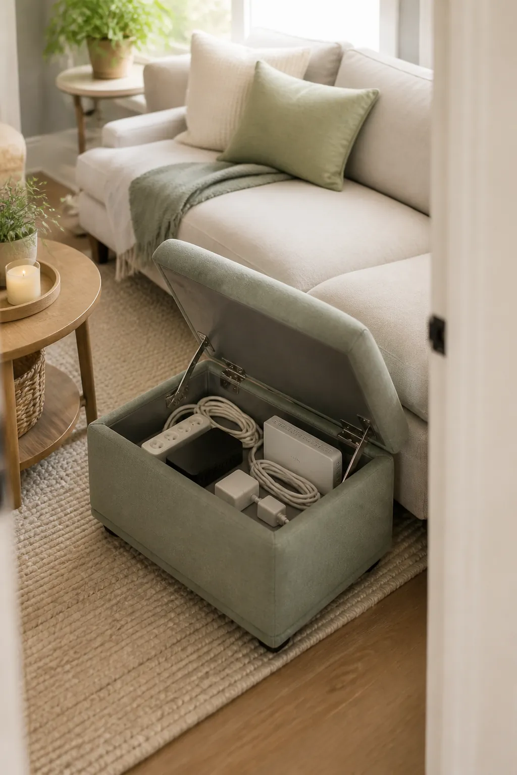 An open ottoman holding a coiled power strip, spare chargers and a router inside