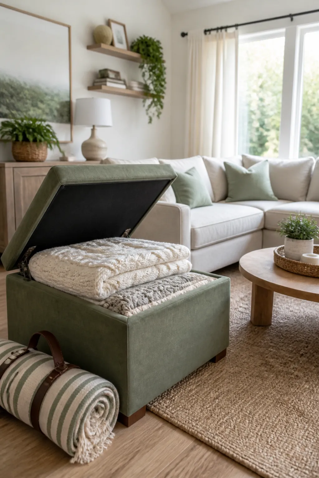 An open ottoman holding heavy winter throws with a rolled beach blanket on the floor beside