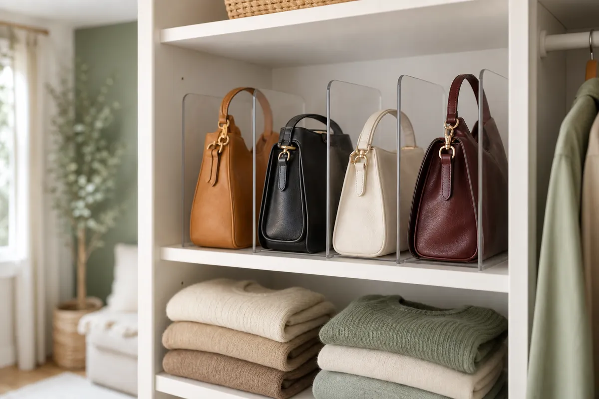 Clear acrylic dividers store handbags upright in a small closet shelf, each purse standing in its own narrow bay