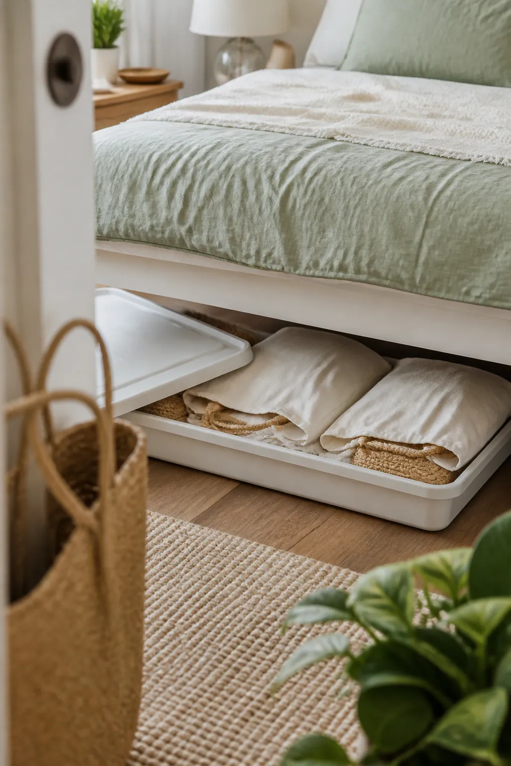 A flat under-bed box holding straw totes wrapped in cotton pillowcases, lid set aside