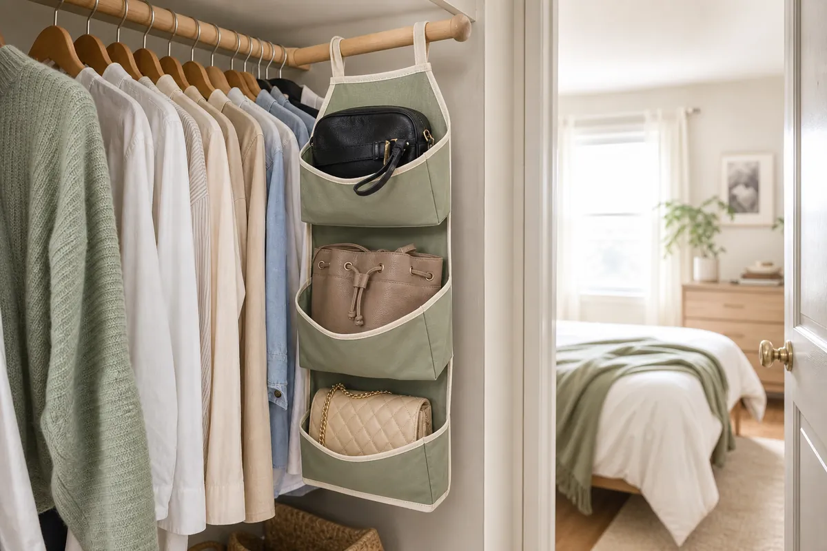 A hanging handbag organizer on a closet rod holds three everyday purses beside hanging shirts in a narrow rental closet