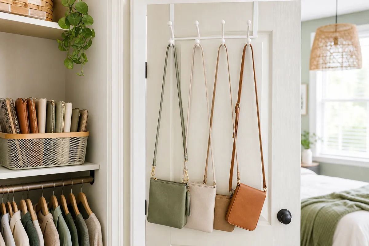 Crossbody bags hang from an over-the-door hook rack, a no-drill way to store handbags in a small closet