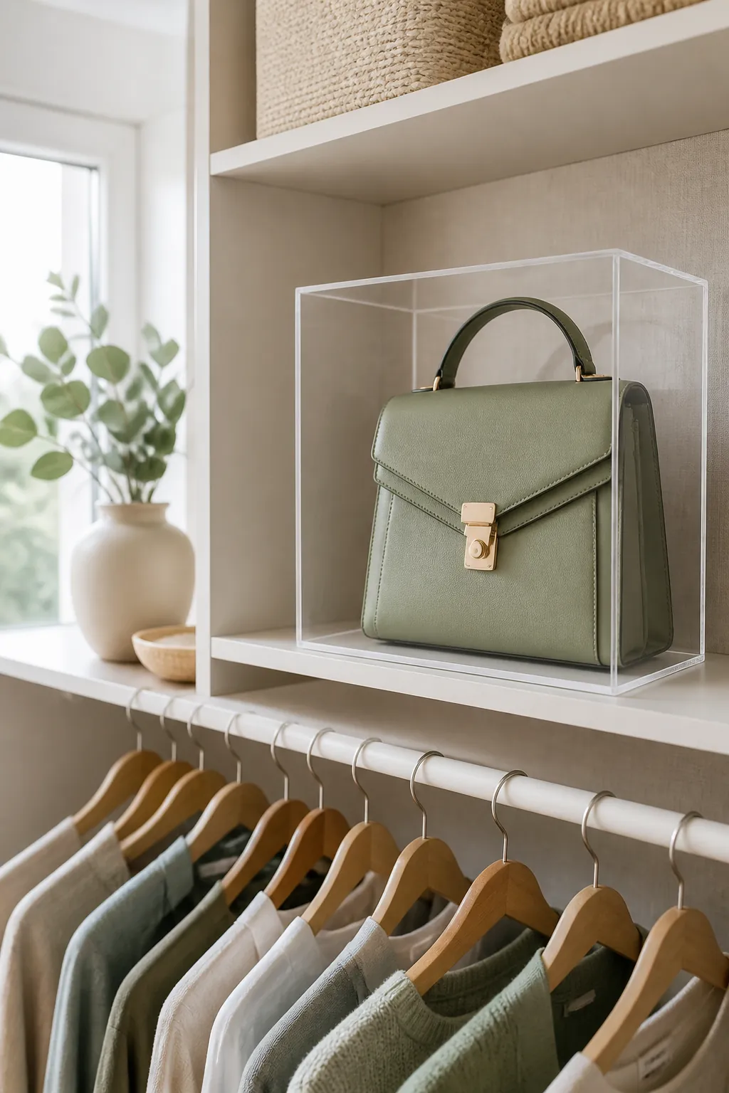 A structured handbag inside a closed clear acrylic display case on a closet shelf