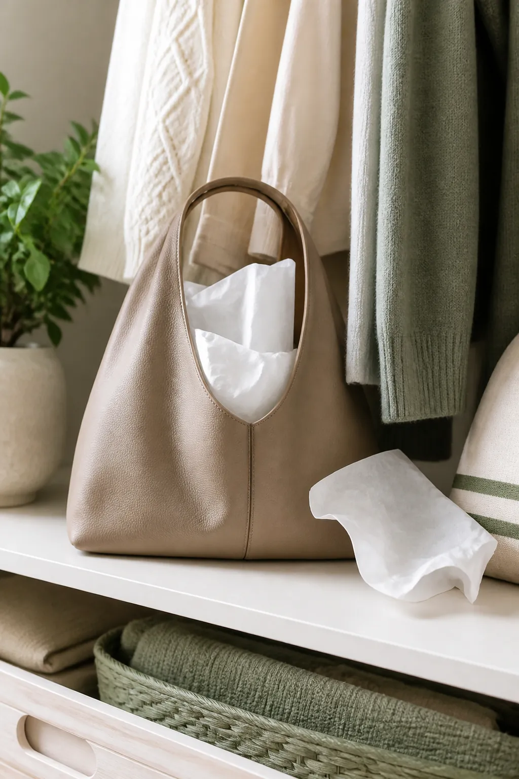 A soft leather bag holding its shape with rolled tissue visible at the opening