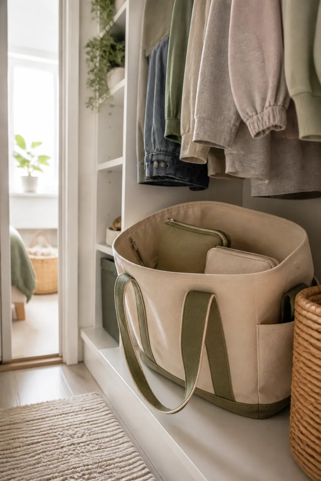 A large canvas weekender tote with two smaller pouches nested inside it on a shelf