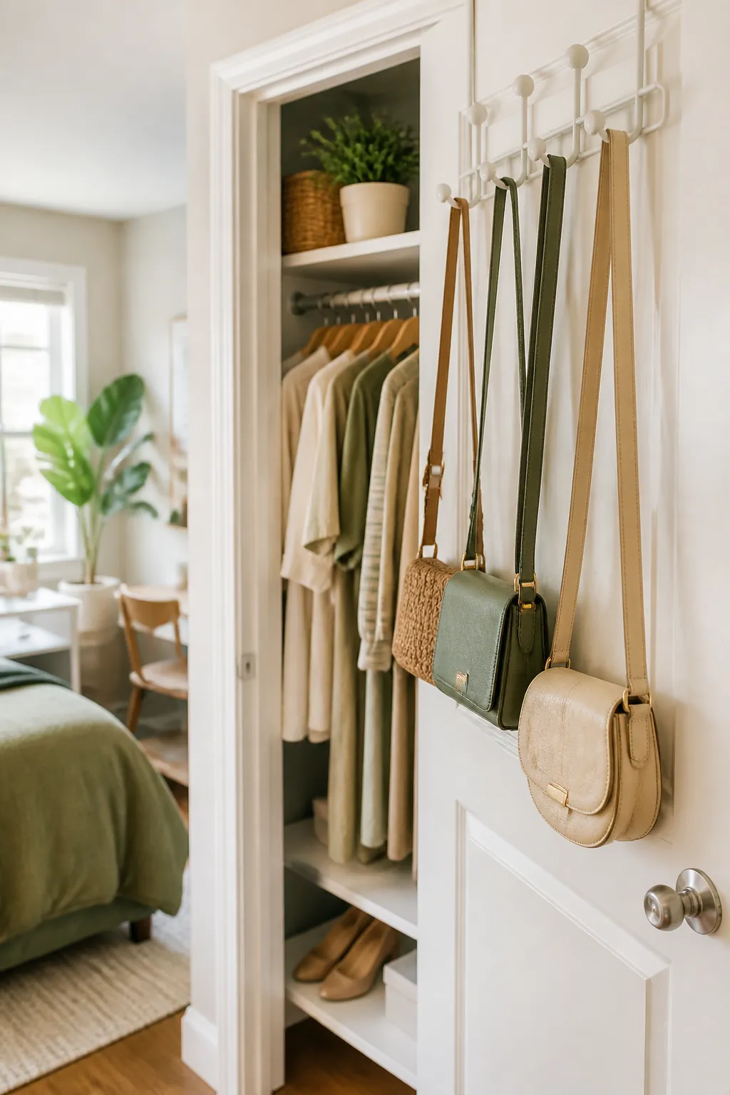 Crossbody bags hanging from an over-the-door hook rack on a closet door's inside face