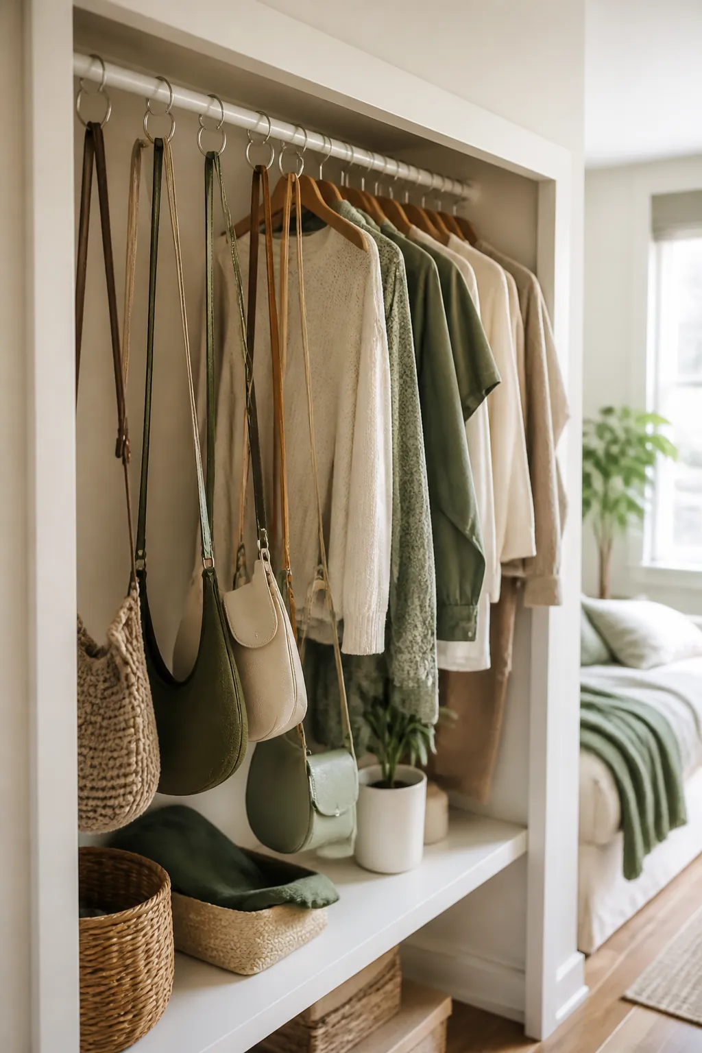 Shower curtain rings on a closet rod holding long bag straps, bags hanging below shirts