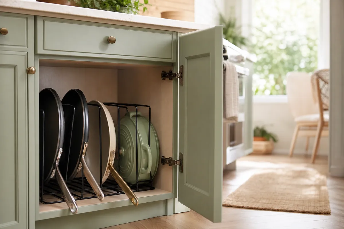 Vertical wire pan rack inside a lower cabinet holding skillets on edge, a smart way to store pots and pans in a tiny kitchen