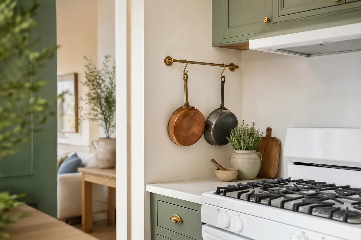 Brass wall-mounted pot rail beside a range holding two everyday pans above a narrow small-kitchen counter