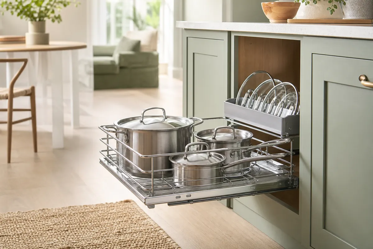Pull-out wire cabinet organizer extended from a deep base cabinet with pots and lids stored upright in a tiny kitchen