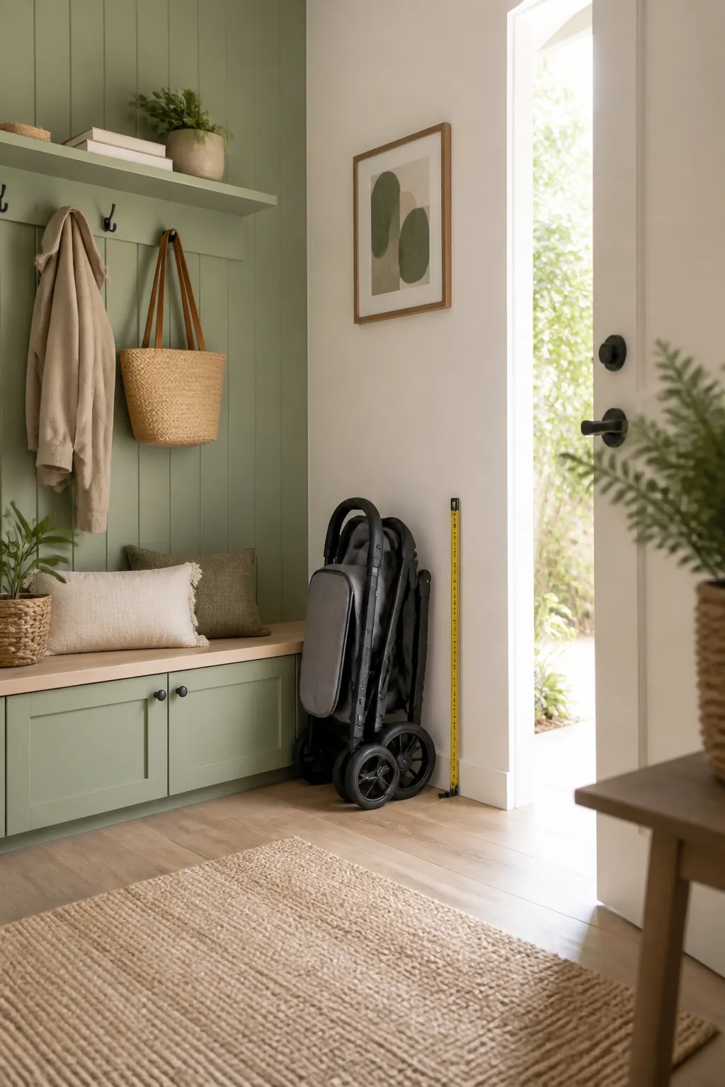 A folded stroller measured against an entryway wall, tape measure showing its folded height