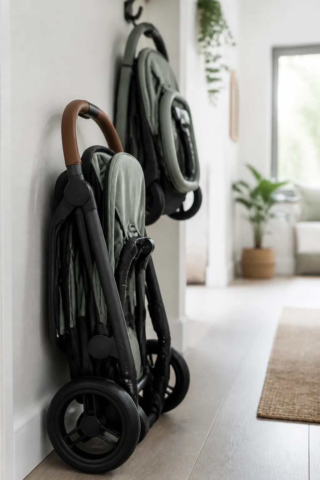 A folded stroller leaning on an entryway wall beside a wall hook holding another stroller