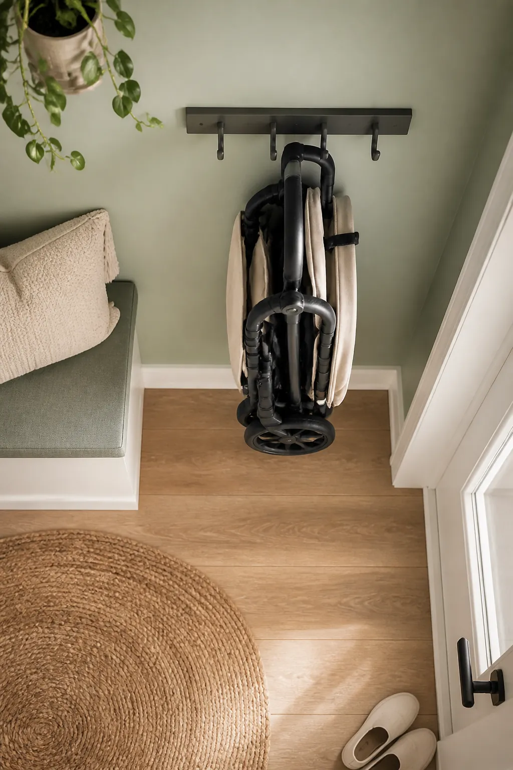 A heavy-duty wall hook rack mounted in a small entryway holding a folded stroller by its frame