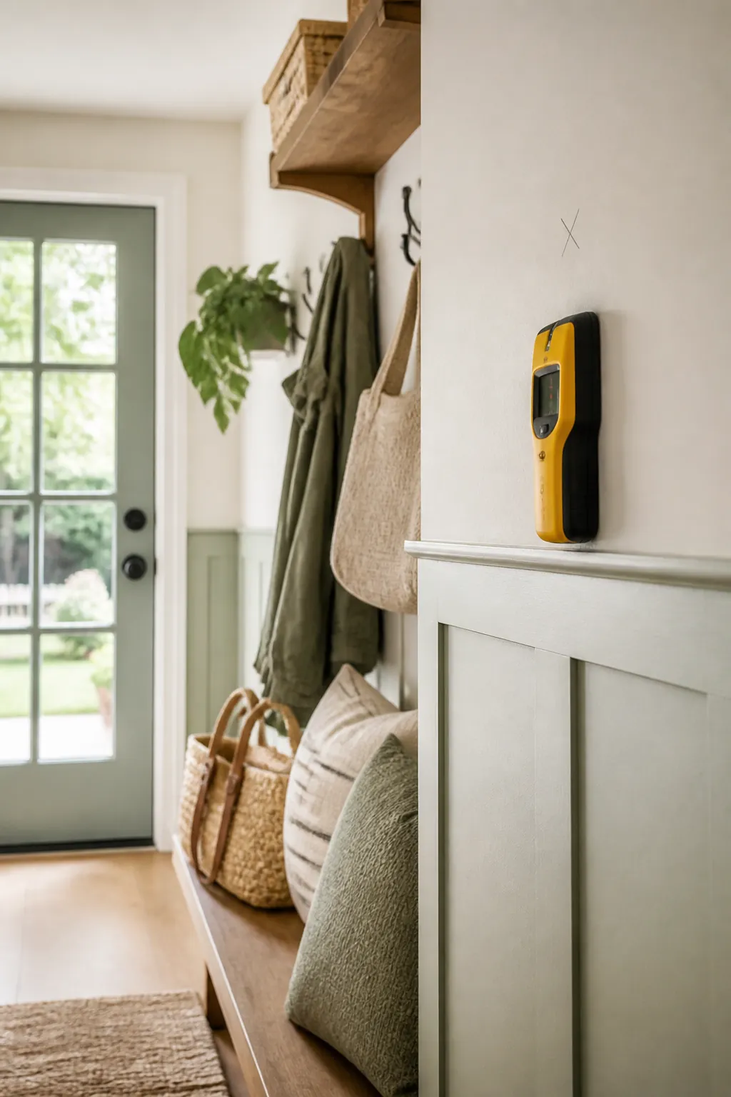 A stud finder on an entryway wall with a pencil mark showing where a stroller hook goes