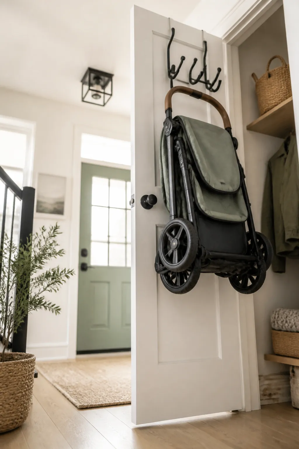 An over-the-door hook rack on an interior closet door holding a folded stroller by its handlebar