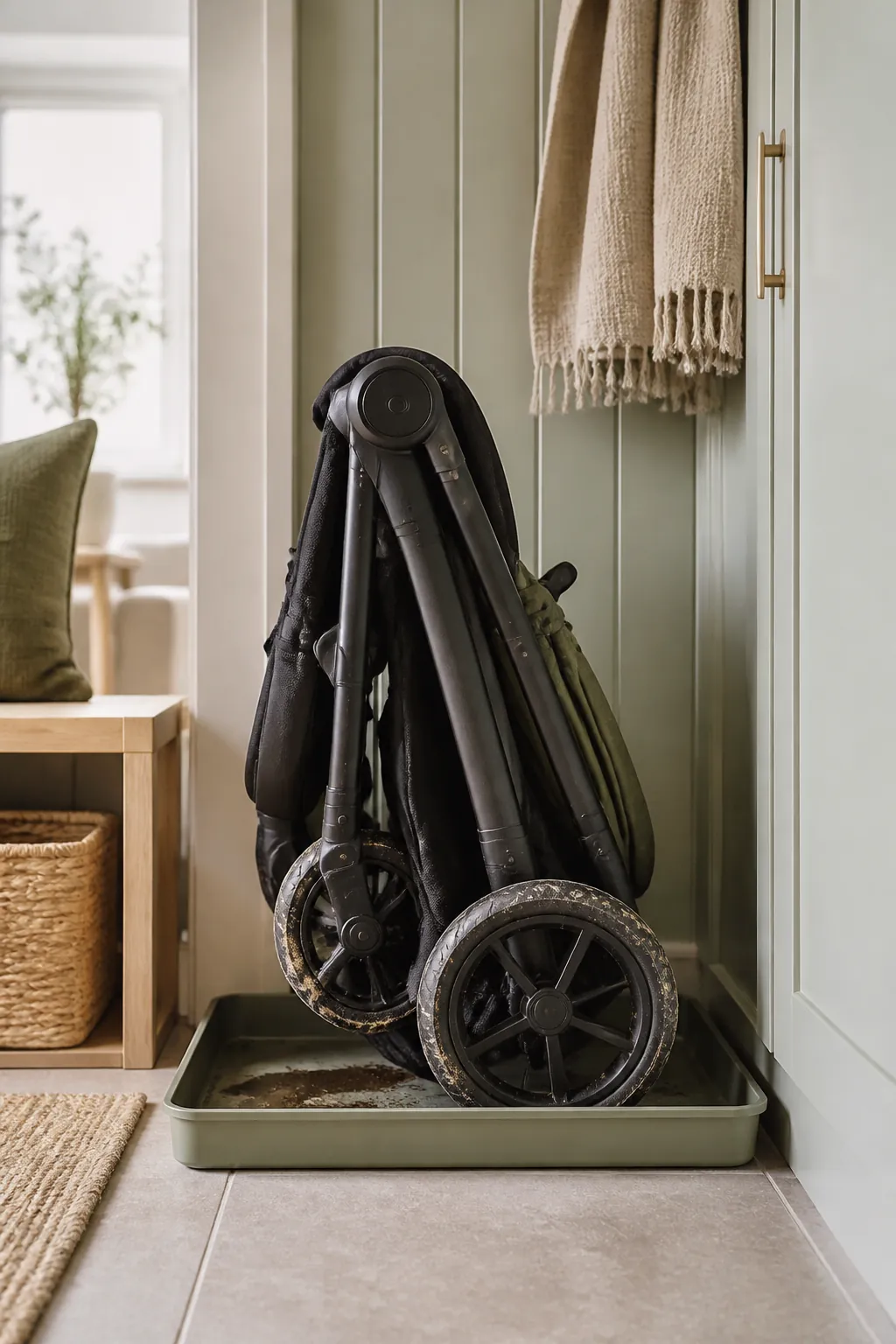 A shallow tray under stroller wheels catching grit and water inside an apartment entryway