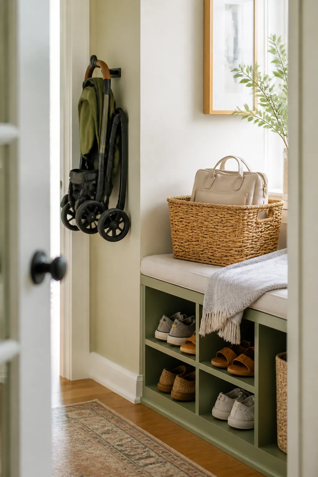 A narrow entryway bench with shoe storage next to a wall-mounted stroller, a basket on the seat holding a diaper bag