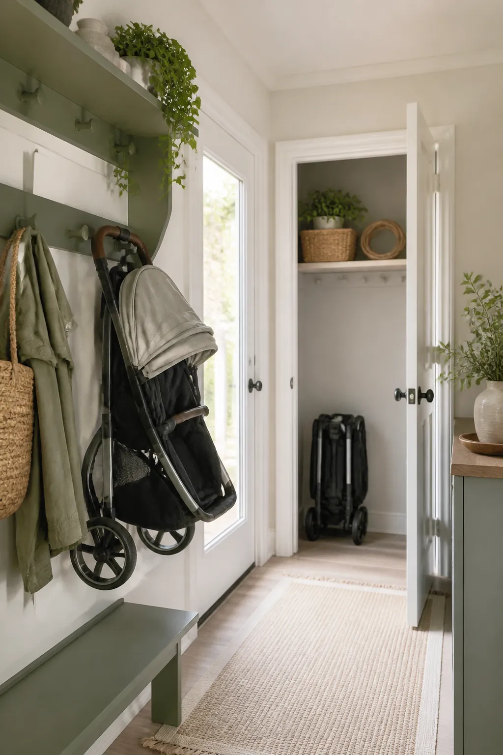 An everyday stroller hanging in the entryway while a second folded stroller sits in a closet