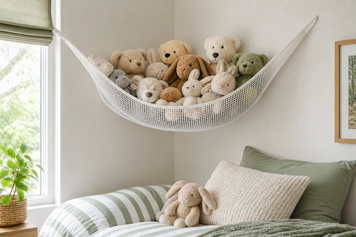 Corner mesh hammock filled with plush toys mounted high above a twin bed, a space-saving stuffed animal storage idea for small rooms