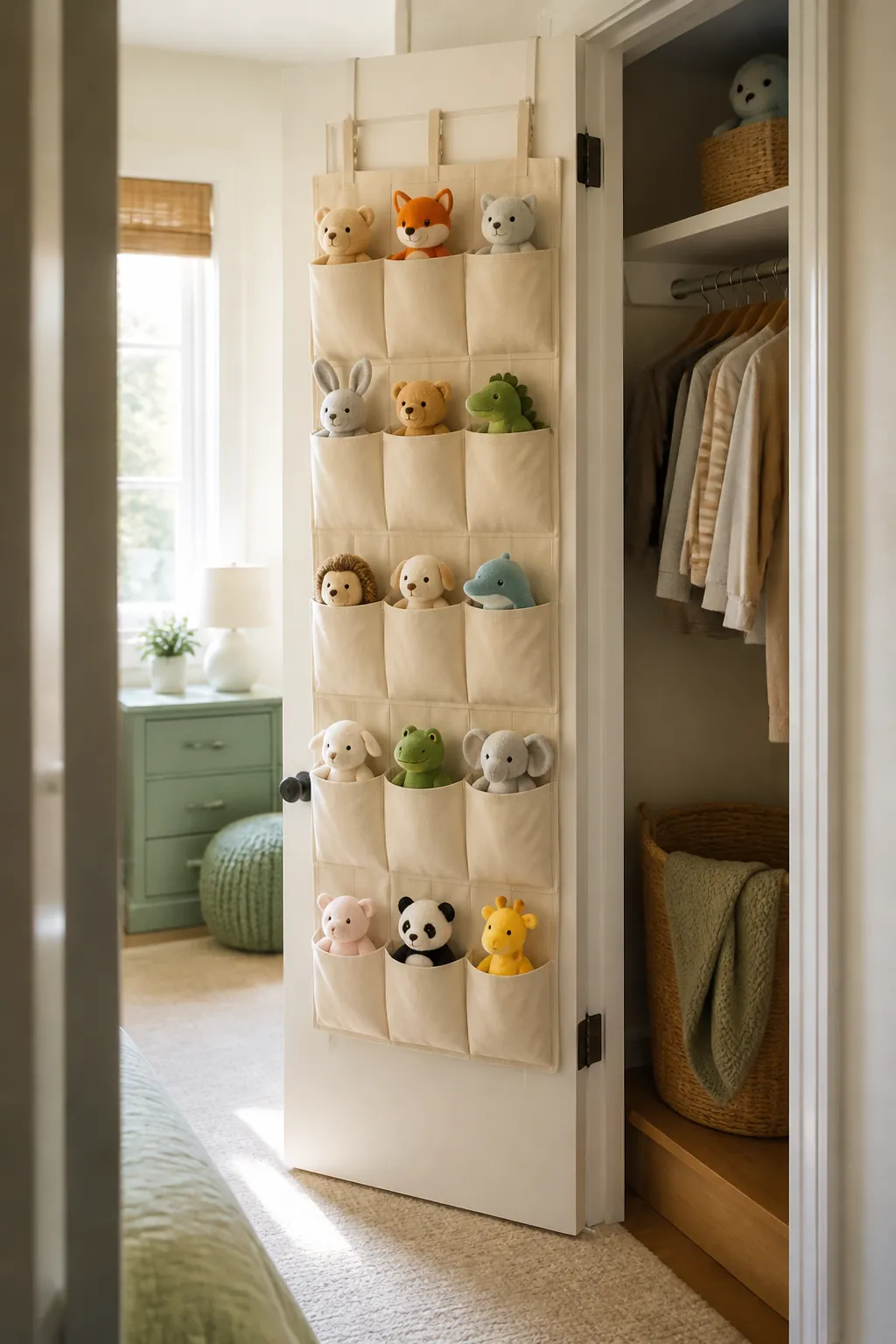 A fabric shoe organizer on a closet door with small plush toys facing out of each pocket