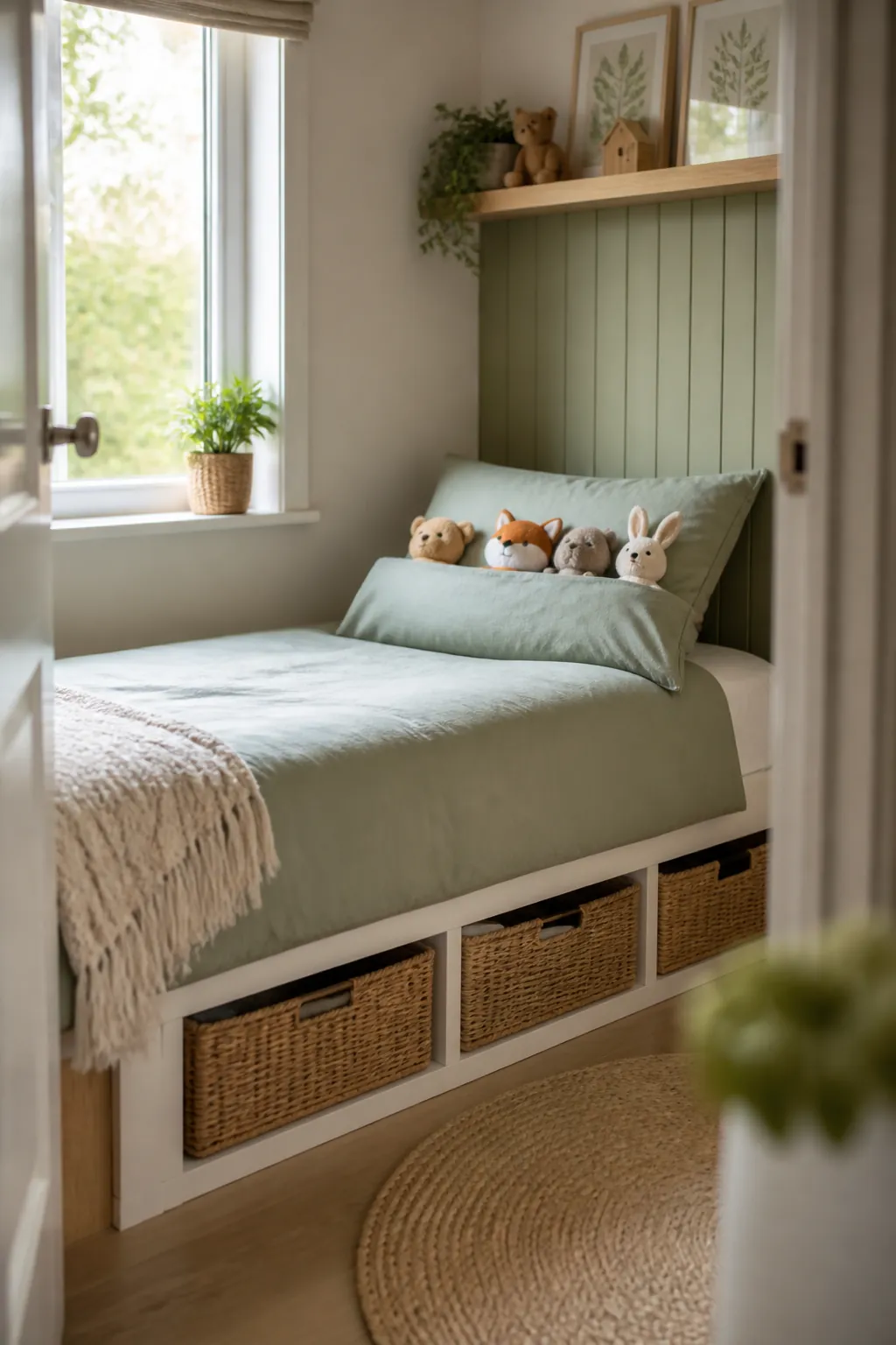 A pillowcase at the head of a child's bed with soft toys tucked inside, faces visible