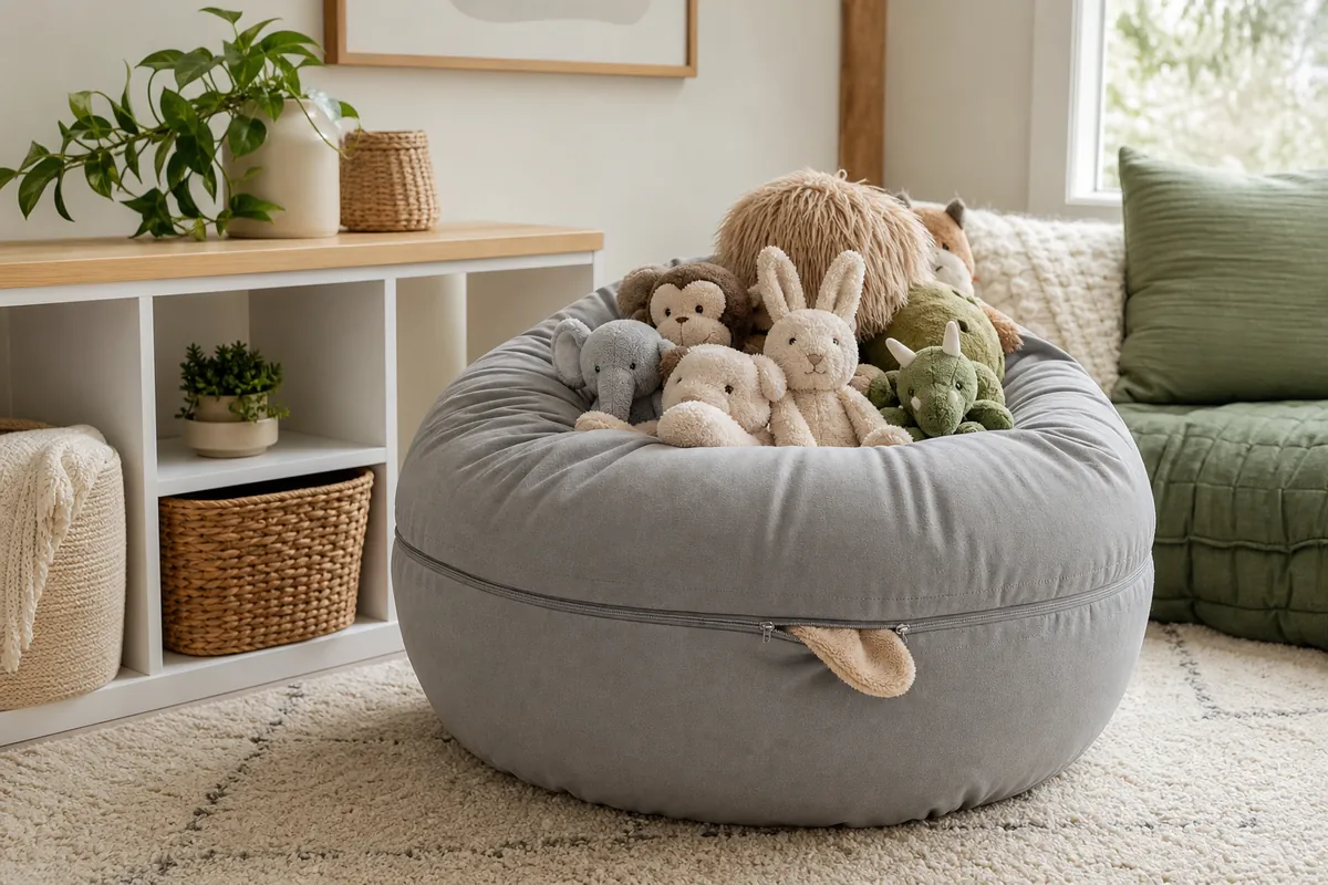 Grey bean bag chair cover stuffed full of plush toys on a cream rug, doubling as stuffed animal storage and a reading seat