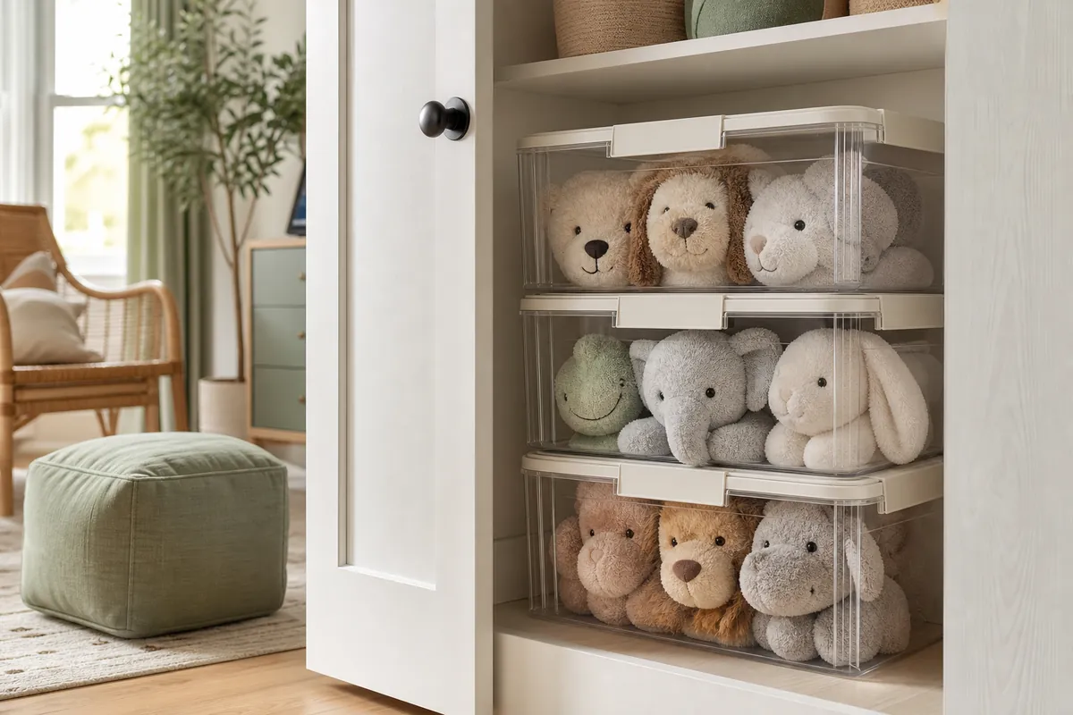 Clear stackable bins with lids holding sorted plush toys in a closet, visible stuffed animal storage for overflow collections