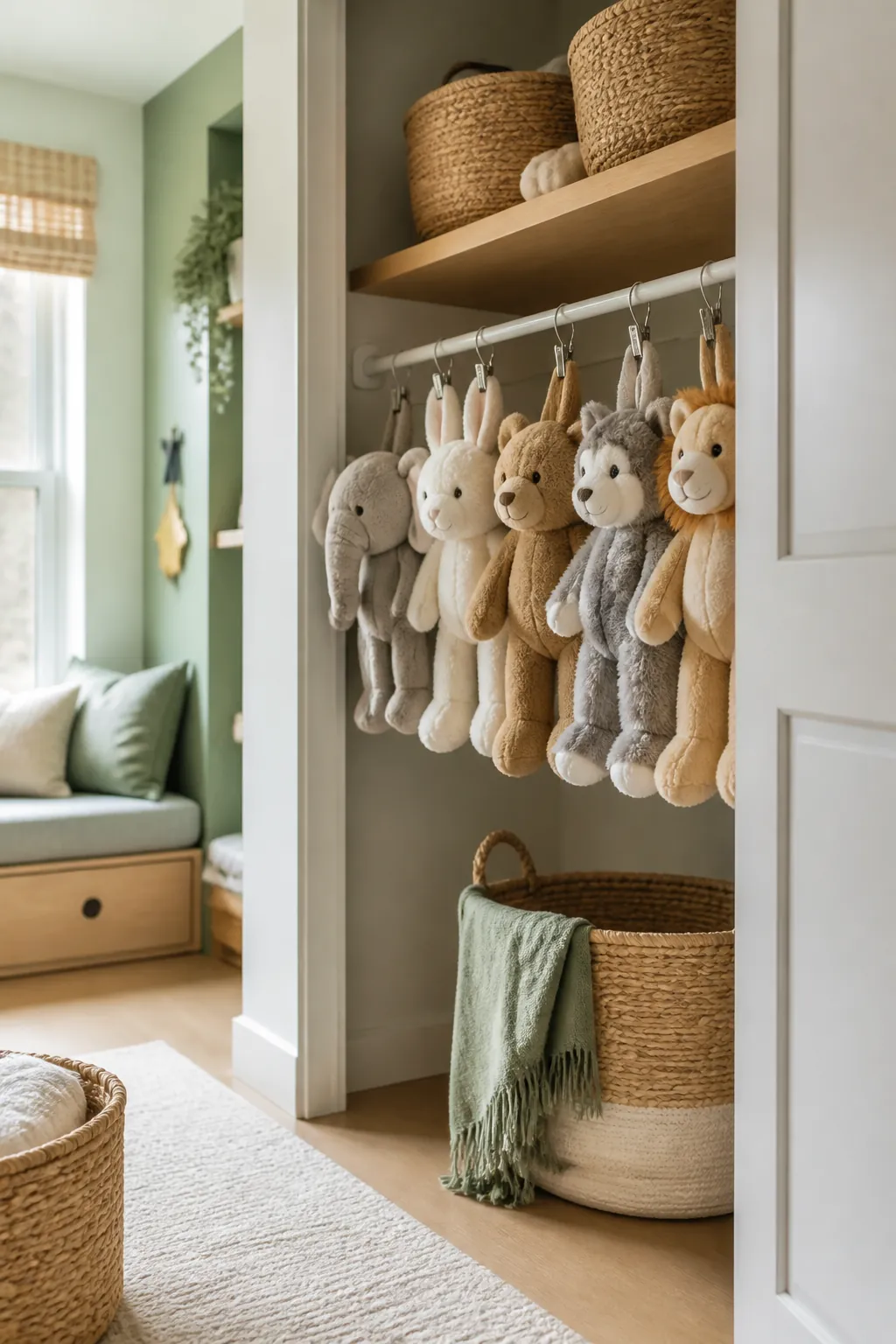 A tension rod across a closet alcove with clip hangers holding plush toys by their ears