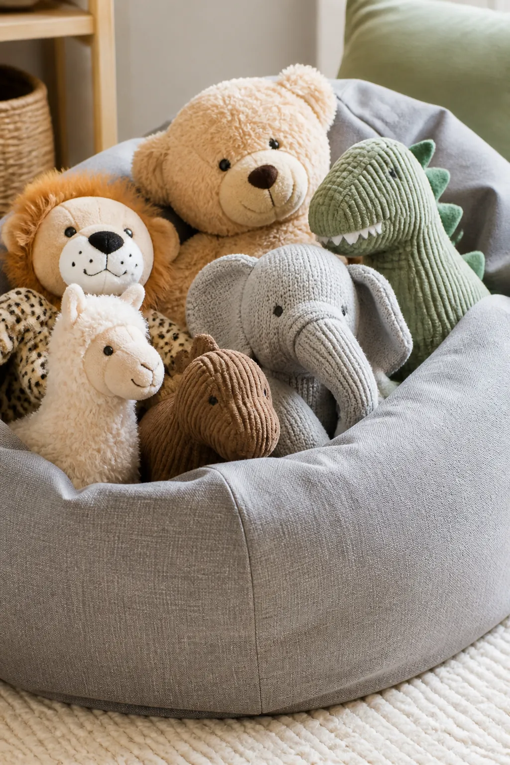 A gray bean bag chair packed full of plush toys sitting on a cream rug