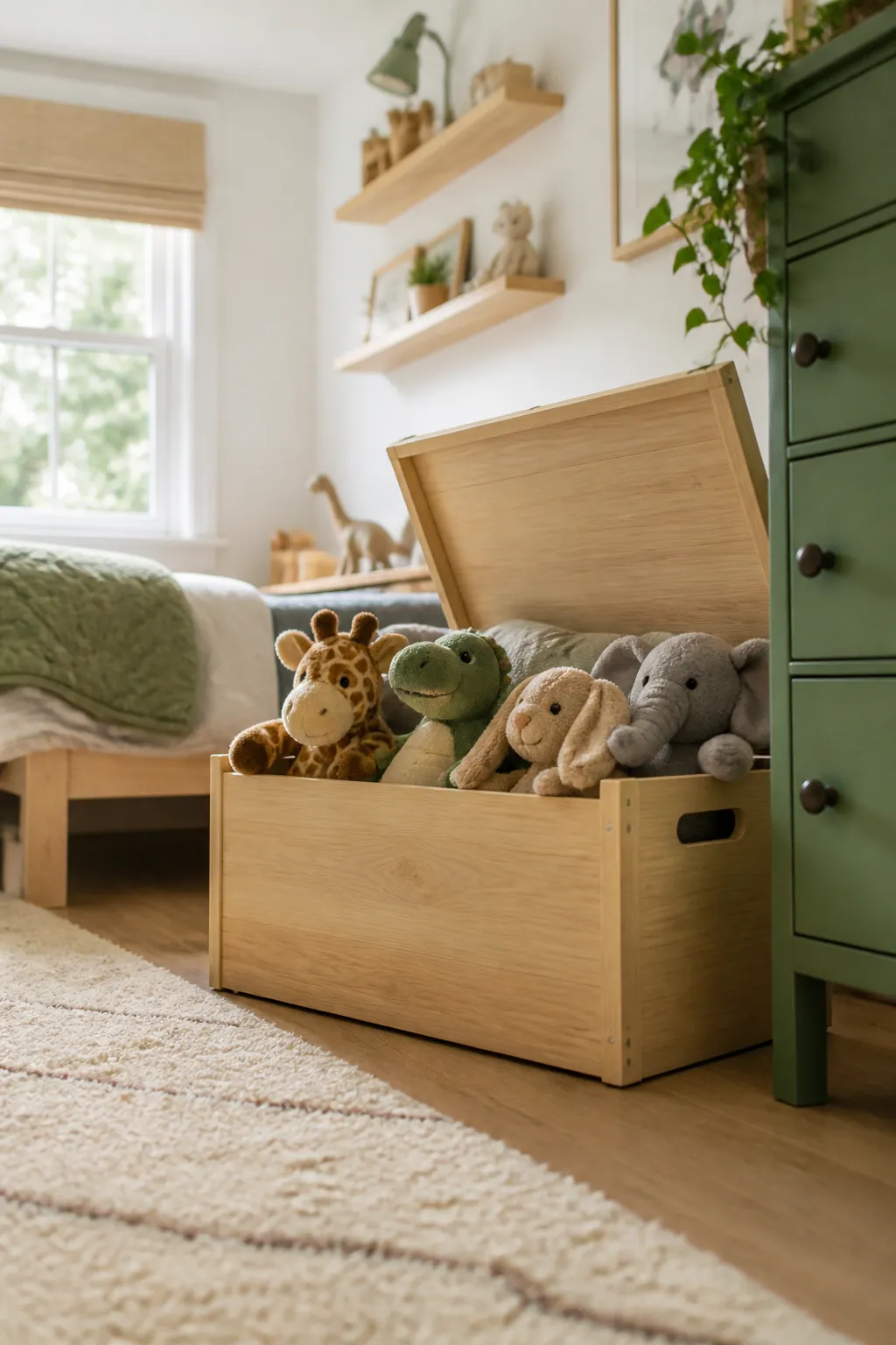 A wooden toy box with its lid open holding large plush animals in a child's bedroom