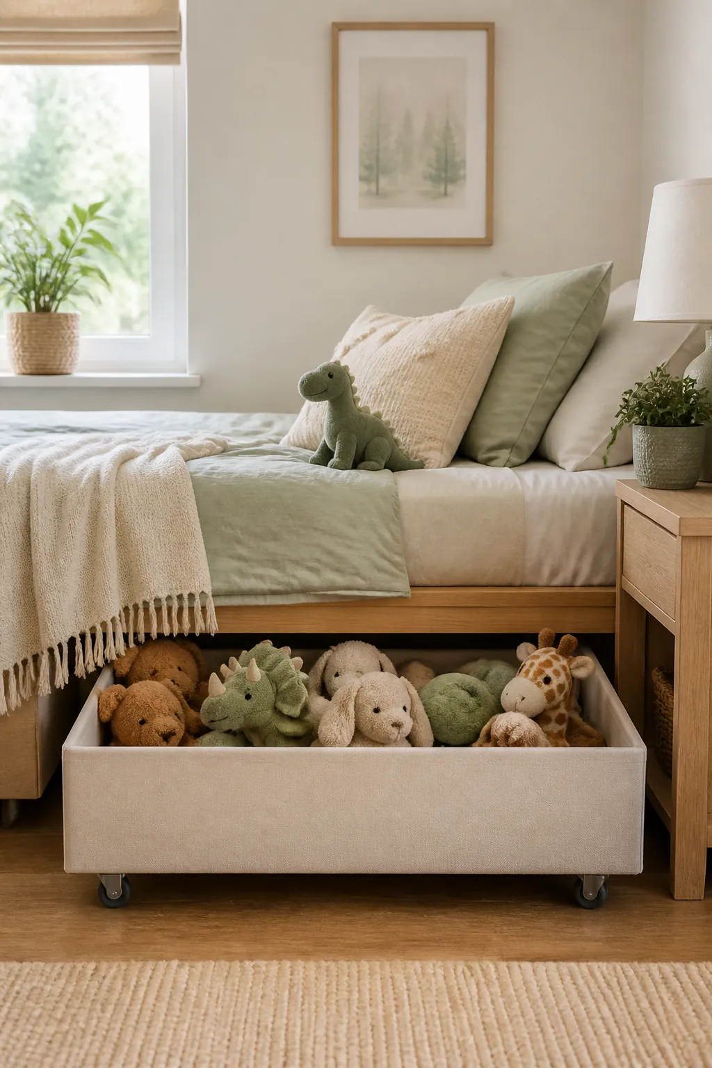 A low rolling bin pulled from under a bed packed with plush toys for seasonal rotation