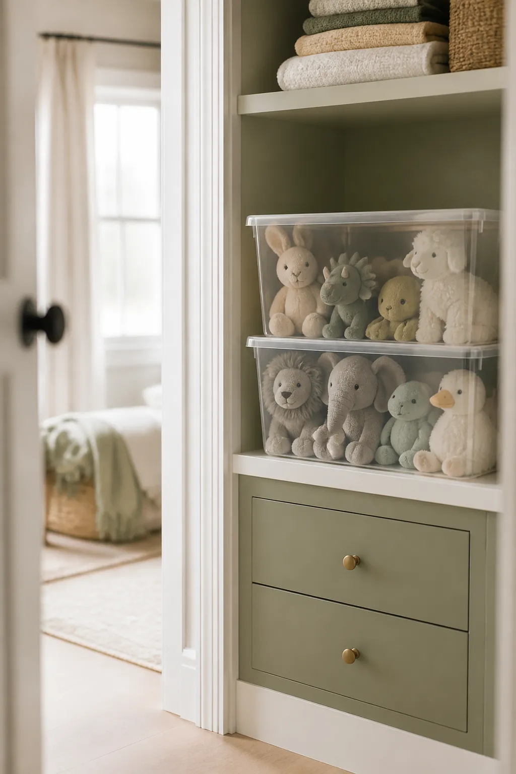 Clear stackable lidded bins on a closet shelf with plush toys visible through the sides
