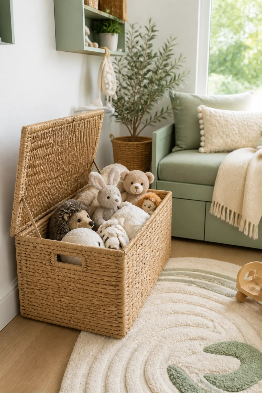 A large open wicker basket at floor level holding plush toys tossed in loose