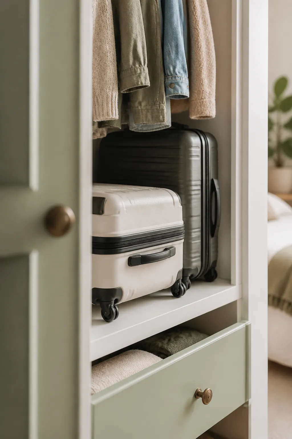 A carry-on at the front of a closet shelf with a larger checked case behind it
